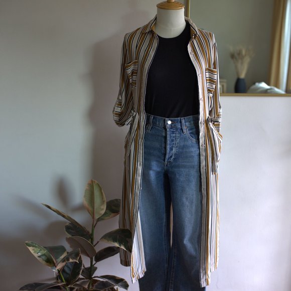 "Straight Lash" Tie and Button up Dress.  Striped Brown, Black, White, and Tan. - Picture 9 of 9